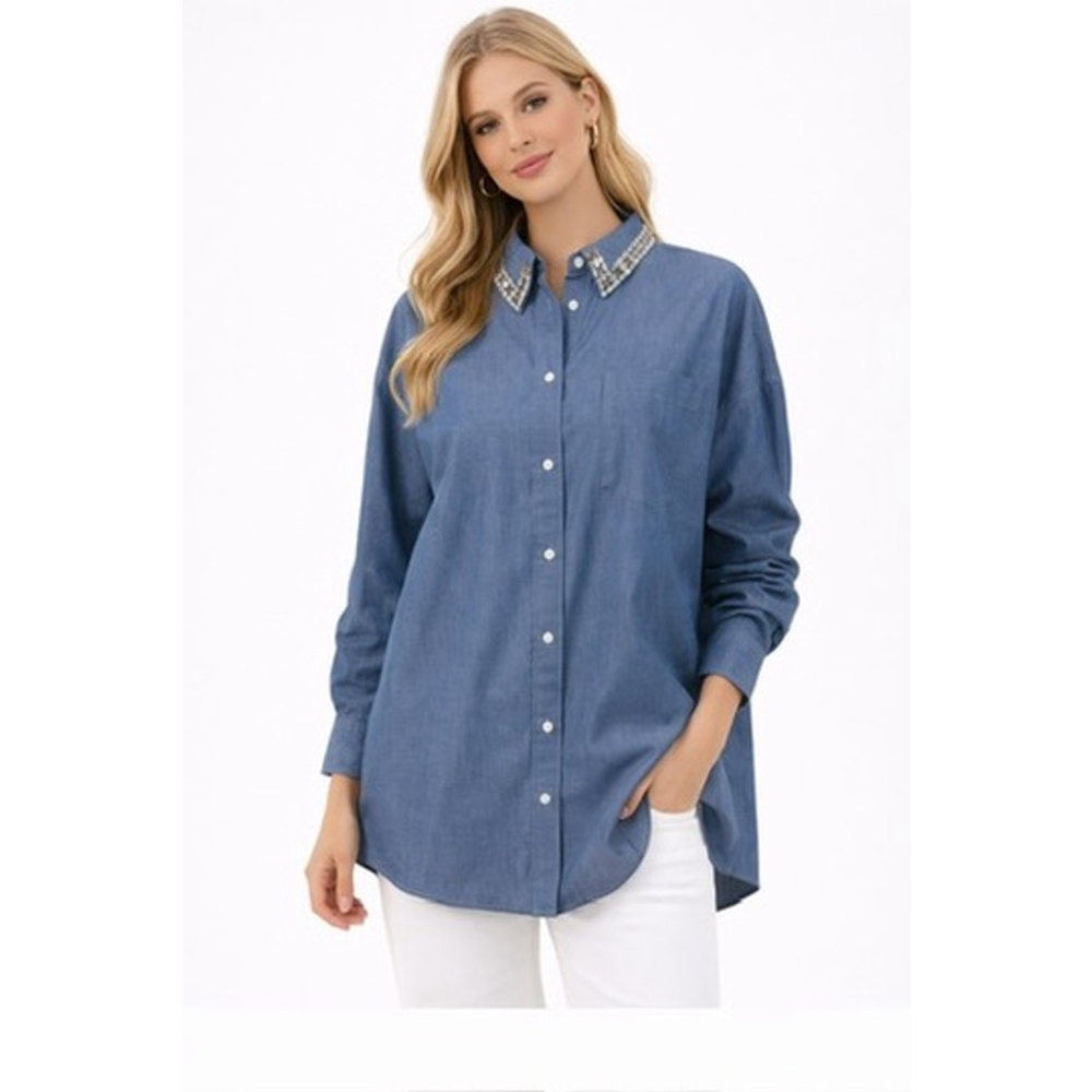 J. Crew Etienne Oversized Fit Chambray Cotton Button Shirt Bedazzled Size XXL
